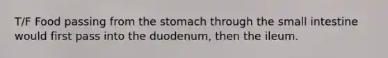 T/F Food passing from the stomach through the small intestine would first pass into the duodenum, then the ileum.