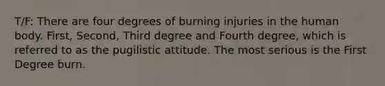 T/F: There are four degrees of burning injuries in the human body. First, Second, Third degree and Fourth degree, which is referred to as the pugilistic attitude. The most serious is the First Degree burn.