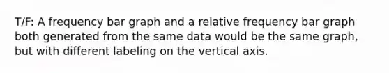 T/F: A frequency <a href='https://www.questionai.com/knowledge/kKndKXKlBK-bar-graph' class='anchor-knowledge'>bar graph</a> and a relative frequency bar graph both generated from the same data would be the same graph, but with different labeling on the vertical axis.