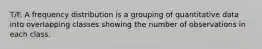 T/F. A frequency distribution is a grouping of quantitative data into overlapping classes showing the number of observations in each class.