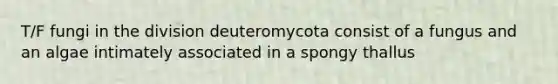 T/F fungi in the division deuteromycota consist of a fungus and an algae intimately associated in a spongy thallus