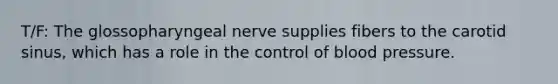 T/F: The glossopharyngeal nerve supplies fibers to the carotid sinus, which has a role in the control of blood pressure.
