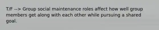 T/F --> Group social maintenance roles affect how well group members get along with each other while pursuing a shared goal.