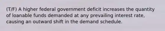 (T/F) A higher federal government deficit increases the quantity of loanable funds demanded at any prevailing interest rate, causing an outward shift in the demand schedule.