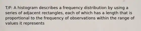 T/F: A histogram describes a frequency distribution by using a series of adjacent rectangles, each of which has a length that is proportional to the frequency of observations within the range of values it represents