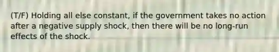 (T/F) Holding all else constant, if the government takes no action after a negative supply shock, then there will be no long-run effects of the shock.