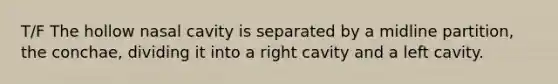 T/F The hollow nasal cavity is separated by a midline partition, the conchae, dividing it into a right cavity and a left cavity.