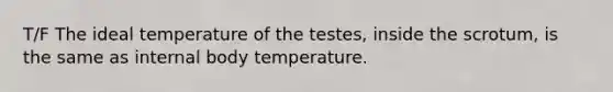 T/F The ideal temperature of the testes, inside the scrotum, is the same as internal body temperature.