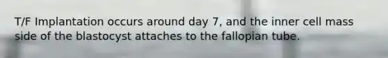 T/F Implantation occurs around day 7, and the inner cell mass side of the blastocyst attaches to the fallopian tube.