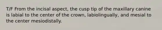 T/F From the incisal aspect, the cusp tip of the maxillary canine is labial to the center of the crown, labiolingually, and mesial to the center mesiodistally.