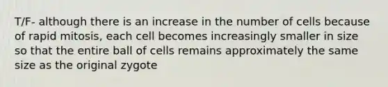 T/F- although there is an increase in the number of cells because of rapid mitosis, each cell becomes increasingly smaller in size so that the entire ball of cells remains approximately the same size as the original zygote