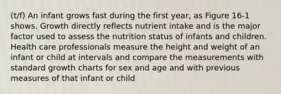 (t/f) An infant grows fast during the first year, as Figure 16-1 shows. Growth directly reflects nutrient intake and is the major factor used to assess the nutrition status of infants and children. Health care professionals measure the height and weight of an infant or child at intervals and compare the measurements with standard growth charts for sex and age and with previous measures of that infant or child