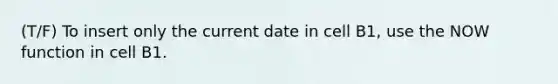 (T/F) To insert only the current date in cell B1, use the NOW function in cell B1.