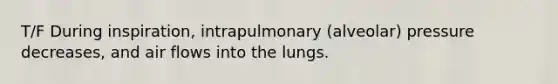 T/F During inspiration, intrapulmonary (alveolar) pressure decreases, and air flows into the lungs.