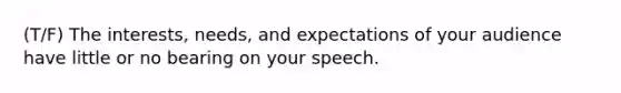 (T/F) The interests, needs, and expectations of your audience have little or no bearing on your speech.