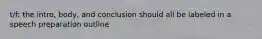 t/f: the intro, body, and conclusion should all be labeled in a speech preparation outline