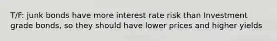 T/F: junk bonds have more interest rate risk than Investment grade bonds, so they should have lower prices and higher yields