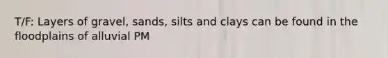 T/F: Layers of gravel, sands, silts and clays can be found in the floodplains of alluvial PM