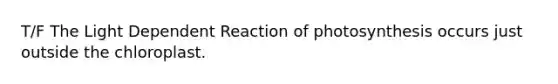 T/F The Light Dependent Reaction of photosynthesis occurs just outside the chloroplast.