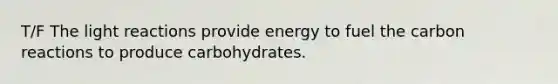 T/F The <a href='https://www.questionai.com/knowledge/kSUoWrrvoC-light-reactions' class='anchor-knowledge'>light reactions</a> provide energy to fuel the carbon reactions to produce carbohydrates.