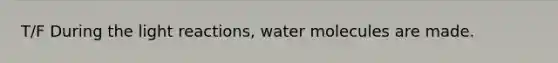 T/F During the <a href='https://www.questionai.com/knowledge/kSUoWrrvoC-light-reactions' class='anchor-knowledge'>light reactions</a>, <a href='https://www.questionai.com/knowledge/kTK3J5aMdd-water-molecules' class='anchor-knowledge'>water molecules</a> are made.