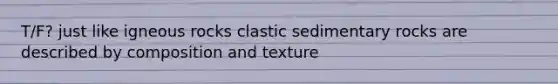 T/F? just like igneous rocks <a href='https://www.questionai.com/knowledge/k3KDGUjwmO-clastic-sedimentary-rocks' class='anchor-knowledge'>clastic sedimentary rocks</a> are described by composition and texture