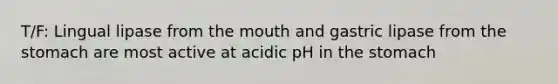 T/F: Lingual lipase from <a href='https://www.questionai.com/knowledge/krBoWYDU6j-the-mouth' class='anchor-knowledge'>the mouth</a> and gastric lipase from <a href='https://www.questionai.com/knowledge/kLccSGjkt8-the-stomach' class='anchor-knowledge'>the stomach</a> are most active at acidic pH in the stomach