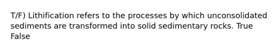 T/F) Lithification refers to the processes by which unconsolidated sediments are transformed into solid sedimentary rocks. True False