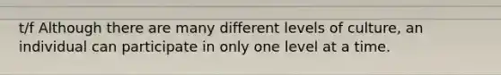 t/f Although there are many different levels of culture, an individual can participate in only one level at a time.