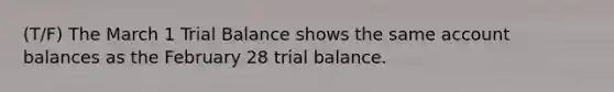 (T/F) The March 1 Trial Balance shows the same account balances as the February 28 trial balance.