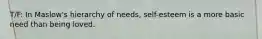 T/F: In Maslow's hierarchy of needs, self-esteem is a more basic need than being loved.