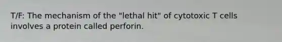 T/F: The mechanism of the "lethal hit" of cytotoxic T cells involves a protein called perforin.