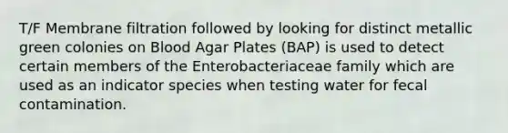 T/F Membrane filtration followed by looking for distinct metallic green colonies on Blood Agar Plates (BAP) is used to detect certain members of the Enterobacteriaceae family which are used as an indicator species when testing water for fecal contamination.