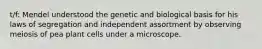 t/f: Mendel understood the genetic and biological basis for his laws of segregation and independent assortment by observing meiosis of pea plant cells under a microscope.