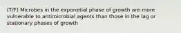 (T/F) Microbes in the exponetial phase of growth are more vulnerable to antimicrobial agents than those in the lag or stationary phases of growth