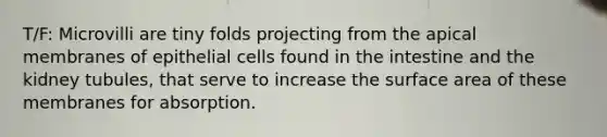 T/F: Microvilli are tiny folds projecting from the apical membranes of epithelial cells found in the intestine and the kidney tubules, that serve to increase the surface area of these membranes for absorption.