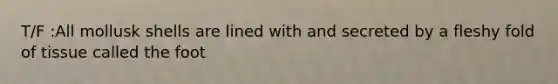 T/F :All mollusk shells are lined with and secreted by a fleshy fold of tissue called the foot