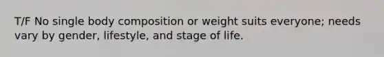 T/F No single body composition or weight suits everyone; needs vary by gender, lifestyle, and stage of life.​