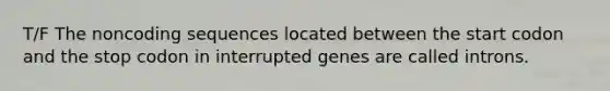 T/F The noncoding sequences located between the start codon and the stop codon in interrupted genes are called introns.