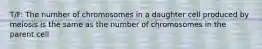 T/F: The number of chromosomes in a daughter cell produced by meiosis is the same as the number of chromosomes in the parent cell