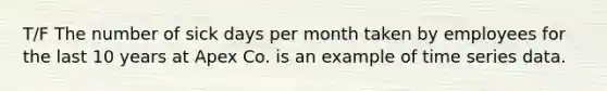 T/F The number of sick days per month taken by employees for the last 10 years at Apex Co. is an example of time series data.