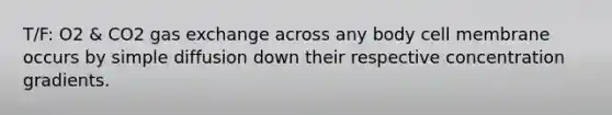 T/F: O2 & CO2 <a href='https://www.questionai.com/knowledge/kU8LNOksTA-gas-exchange' class='anchor-knowledge'>gas exchange</a> across any body cell membrane occurs by simple diffusion down their respective concentration gradients.