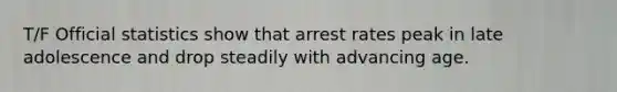 T/F Official statistics show that arrest rates peak in late adolescence and drop steadily with advancing age.