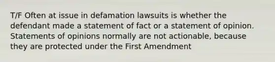 T/F Often at issue in defamation lawsuits is whether the defendant made a statement of fact or a statement of opinion. Statements of opinions normally are not actionable, because they are protected under the First Amendment