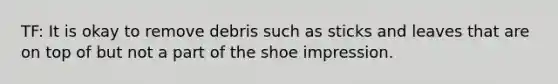 TF: It is okay to remove debris such as sticks and leaves that are on top of but not a part of the shoe impression.