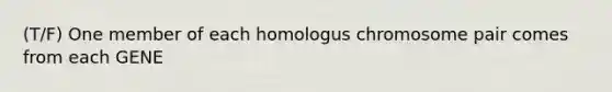 (T/F) One member of each homologus chromosome pair comes from each GENE