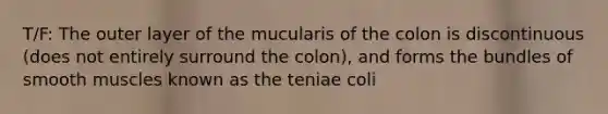 T/F: The outer layer of the mucularis of the colon is discontinuous (does not entirely surround the colon), and forms the bundles of smooth muscles known as the teniae coli