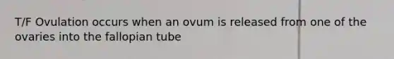 T/F Ovulation occurs when an ovum is released from one of the ovaries into the fallopian tube