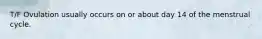 T/F Ovulation usually occurs on or about day 14 of the menstrual cycle.