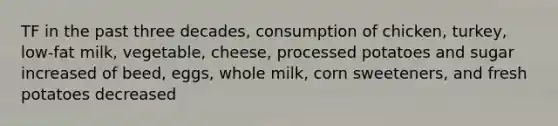 TF in the past three decades, consumption of chicken, turkey, low-fat milk, vegetable, cheese, processed potatoes and sugar increased of beed, eggs, whole milk, corn sweeteners, and fresh potatoes decreased